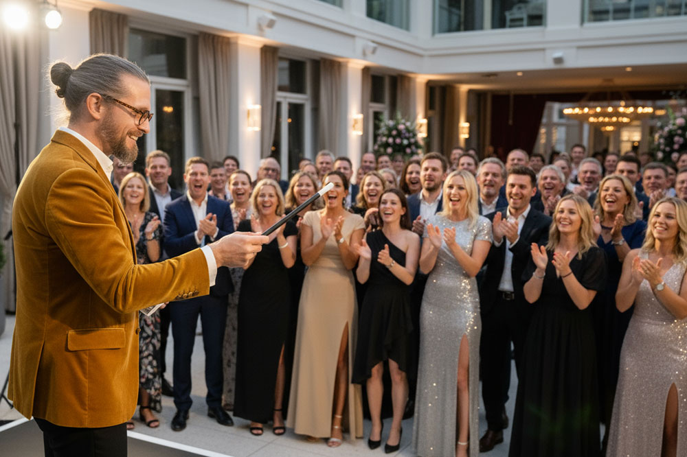 Magier und Zauberer Simabu auf der Bühne bei einem Firmenevent in Braunschweig